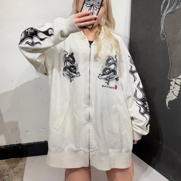 도그 타운 용 자수 대대장 오리엔탈 화이트 오버핏 집업 져지 XL