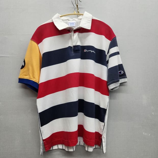 올드스쿨 챔피온 스트라이프 럭비티 반팔카라 M(L)
