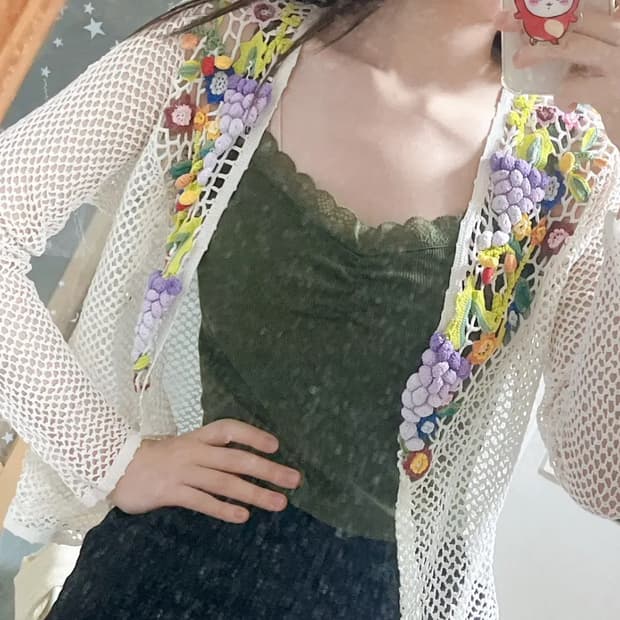 일본 빈티지 하구미 여름 그물 가디건 모리걸 히피 에스닉 우라 지구네