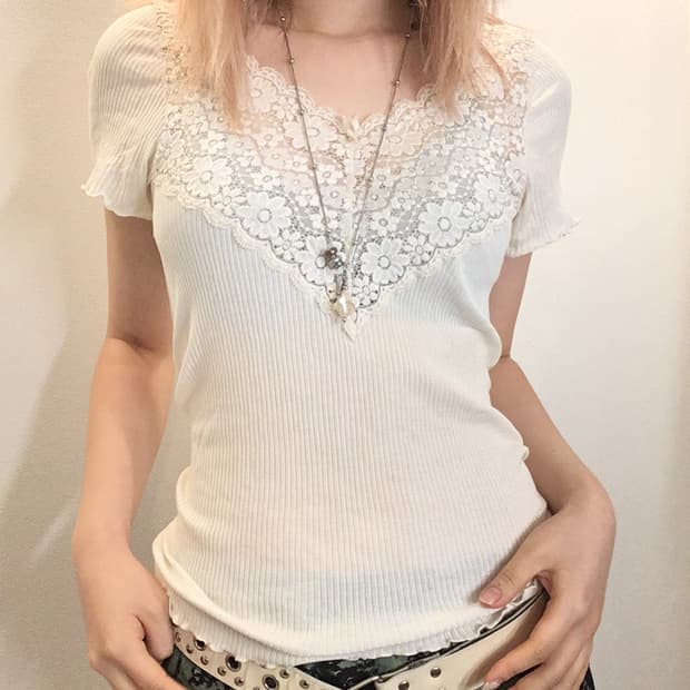 jpn vintage 아이보리 레이스 반팔