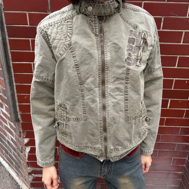 워싱 카키 크롭 집업 자켓 M