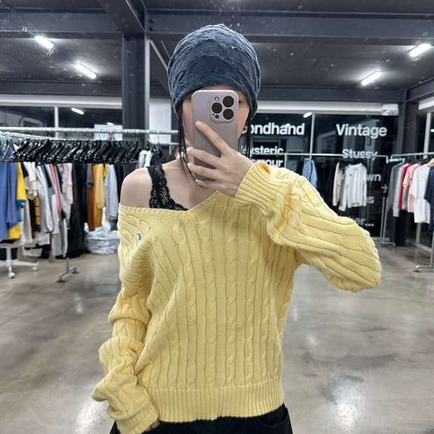 폴로 랄프로렌 레몬 컬러 꽈배기 브이넥 니트