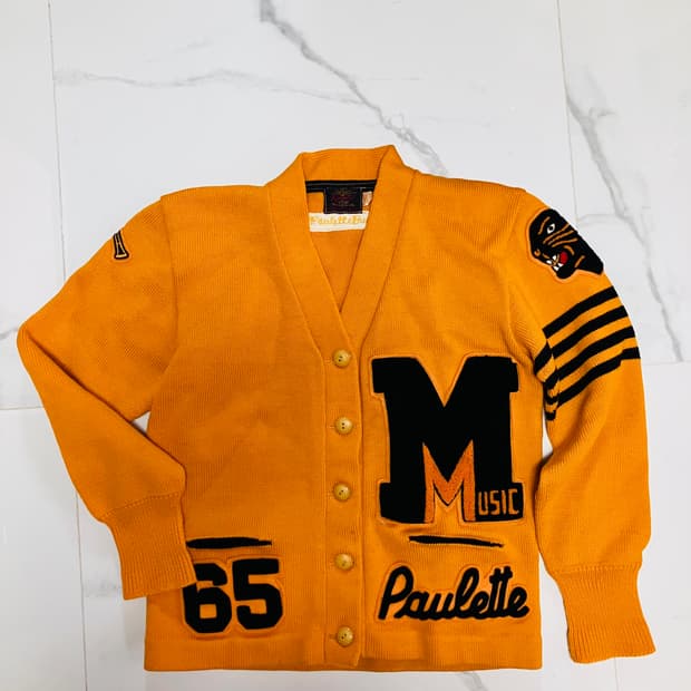 빈티지 캠퍼스 바시티 울 가디건 패치 스트라이프