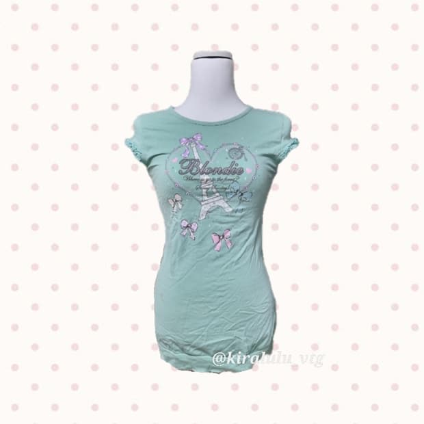 헤이세이 파리 에펠탑 민트색 반팔티 메조피아노 