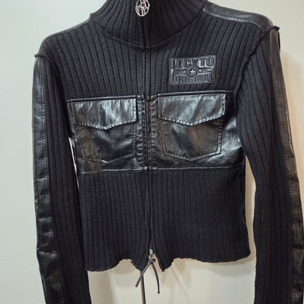 레씨토 니트 집업 블랙 Fabric Mix Neck Zip Up