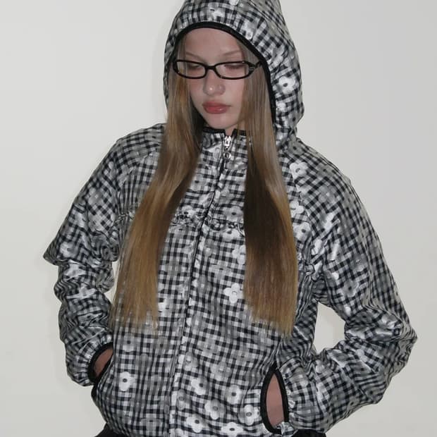 크랭크 체크 프릴 라인 플라워 바람막이 실버 블랙 윈드브레이커 자켓