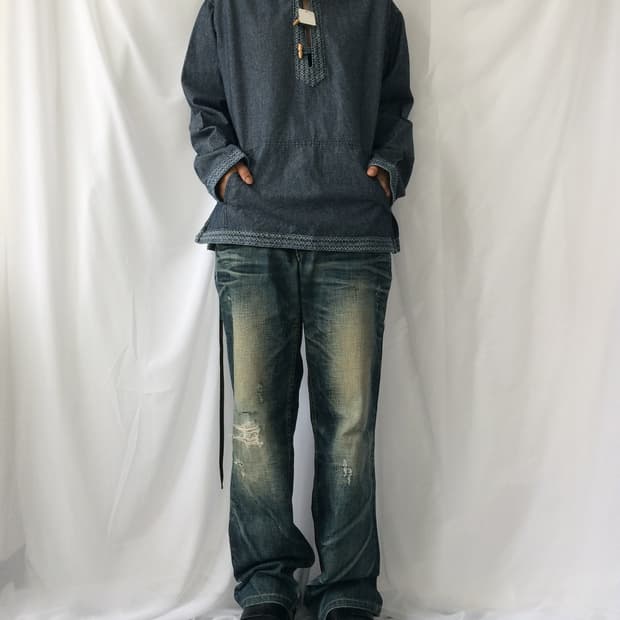 Button Henry neck denim hood