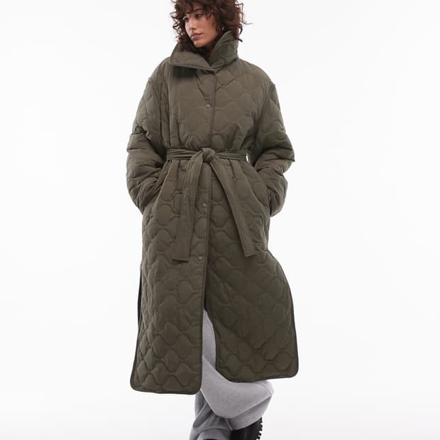아르켓 다운 퀼팅 벨티드 하이넥 롱 코트 자켓