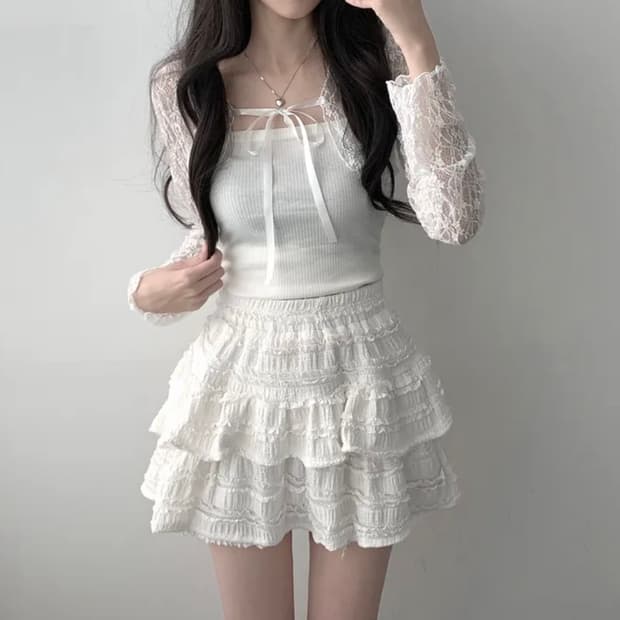 (새상품) 리본 플라워 시스루 볼레로 가디건+밴딩 캉캉 미니스커트 투피스