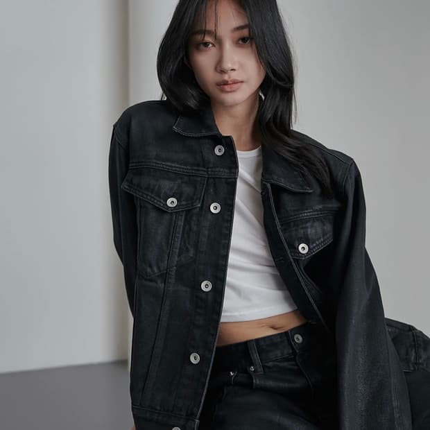 이예 Aslant Crop Denim Coating Jacket Blac