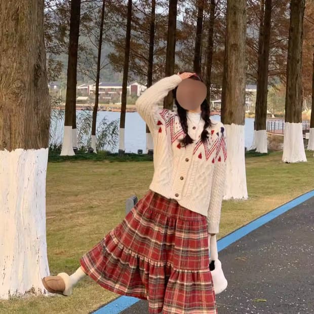 레드 체크 롱스커트 