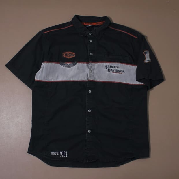 Harley Davidson 백자수 레이싱 블랙 반팔 워크 셔츠