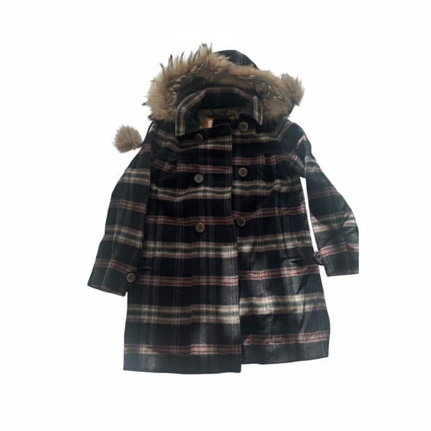 WHO.A.U 체크 모피 후드 코트 S