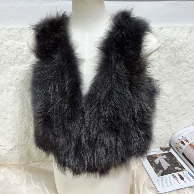 빈티지 다크 그레이 너구리털 라쿤퍼 조끼 베스트