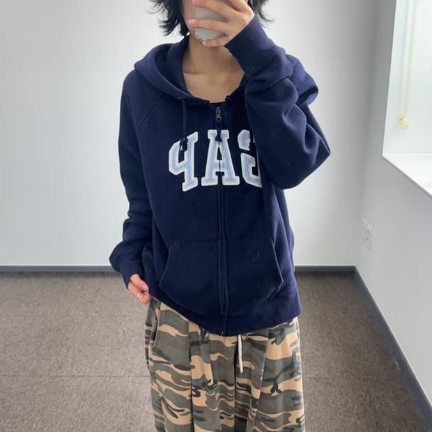 Gap 갭 스카이블루 체크 로고 네이비 후드집업 