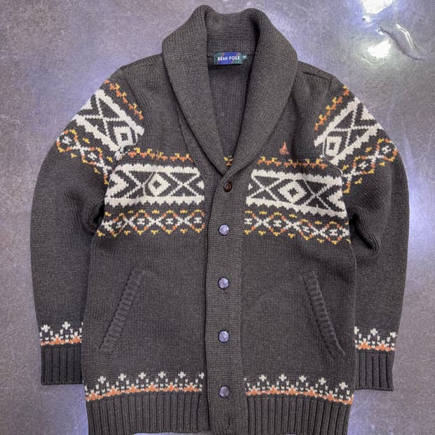 빈폴 숄카라 아즈텍 패턴 니트 헤비 울 가디건 100