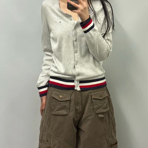 타미힐피거 그레이 라운드 니트 가디건