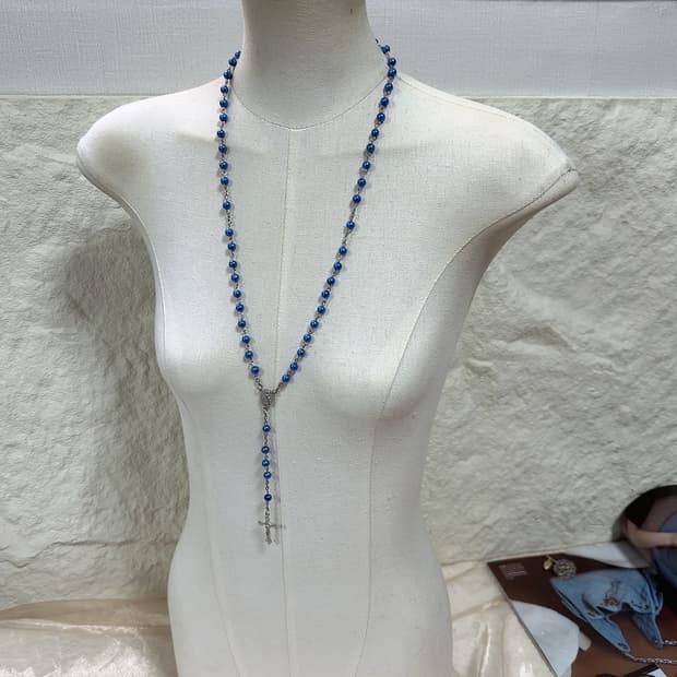 빈티지 짙은 블루 십자가 진주 목걸이