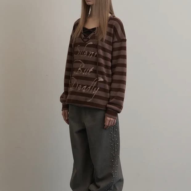 셋업이엑스이 STRIPE V-NECK MTM / BROWN 기모맨투맨