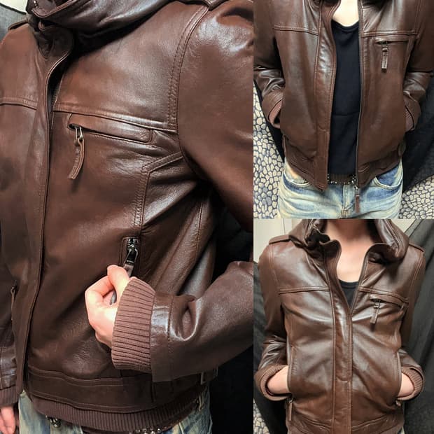 Italy 이태리 렘 스킨 하이넥 지퍼 브라운 레더자켓