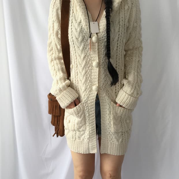 Pompom point knit hood cardigan