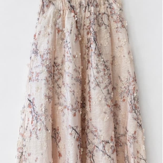 빈티지 핸드메이드 플라워 자수 매화 벚꽃 동양풍 쉬폰 롱 스커트