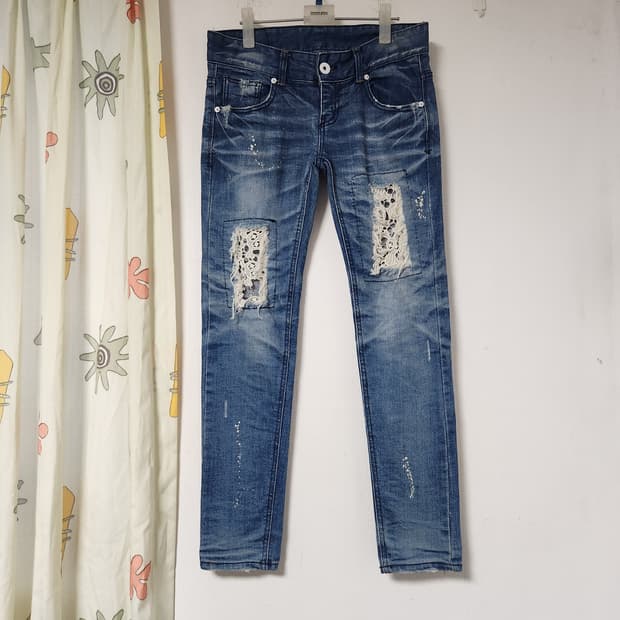 빈티지 반골반 스키니핏 찢어진 청바지 데님바지