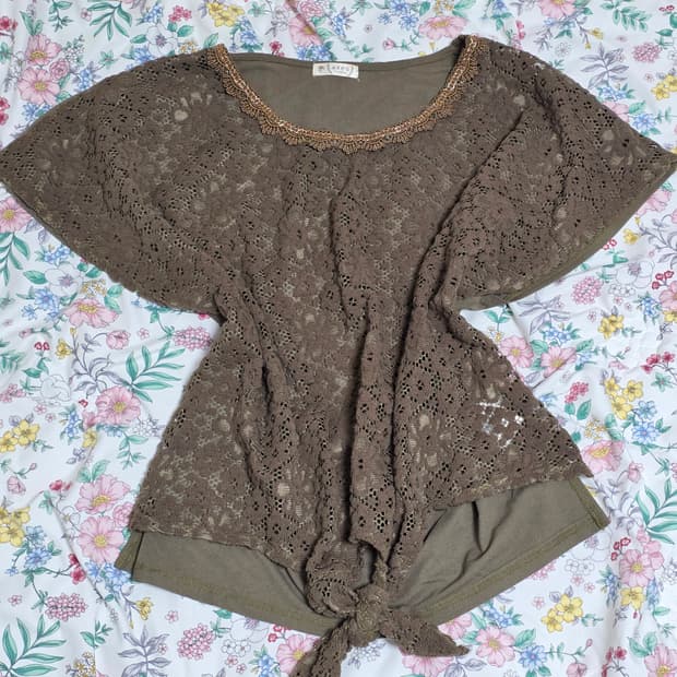 엑시즈팜 일본빈티지)딥그린카키 스즈코모리걸 레이어드 니트시스루블라우스