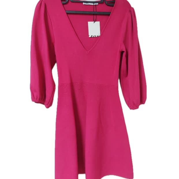 자라 빈티지 핫핑크 브이넥 원피스