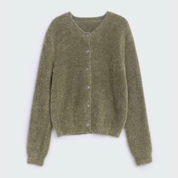 코스모스 틴셀 버튼 가디건 페일그린
