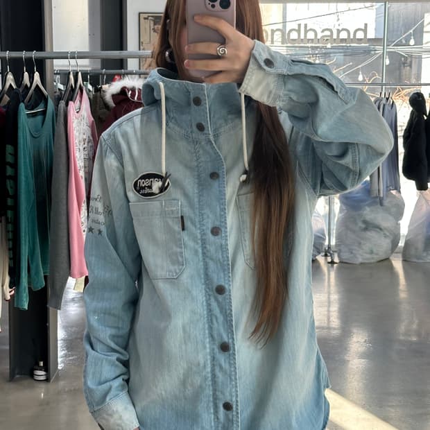 벤슨 스타 워시드레터링 하이넥 데님후드자켓