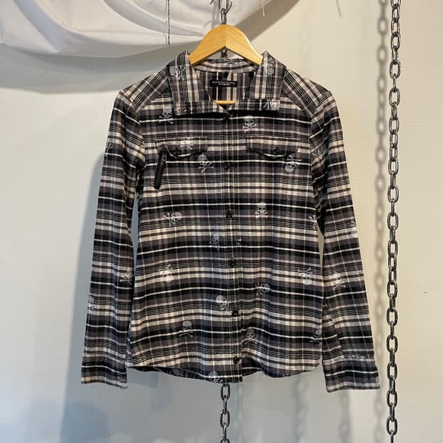 maison gilfy 미니 스컬 블랙 화이트 체크 셔츠 너드 펑크