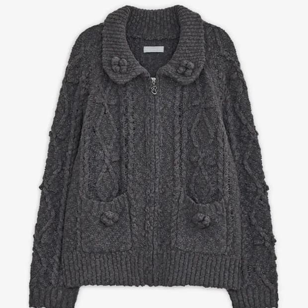 허그유어스킨 팝콘 니트 집업 차콜