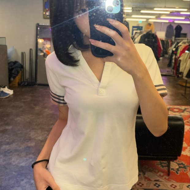 버버리 여성용 화이트 피케 카라 티셔츠