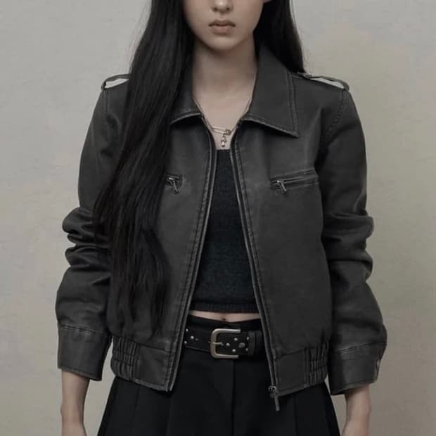 카키포인트 위시드 레더 봄버 자켓