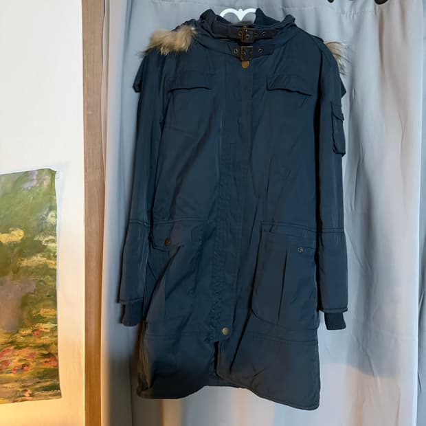 Y2k 후드 퍼 롱 야상 점퍼 (네이비/블루그레이)