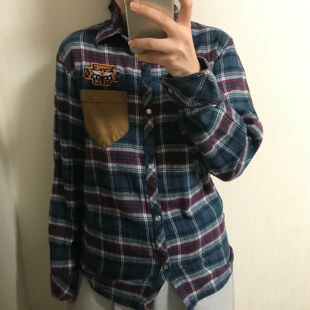 일본빈티지 패치 포켓 버튼 디테일 체크 셔츠