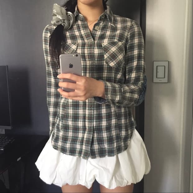 Mand C 모리걸 너드 괴짜 체크 데님 패치 셔츠