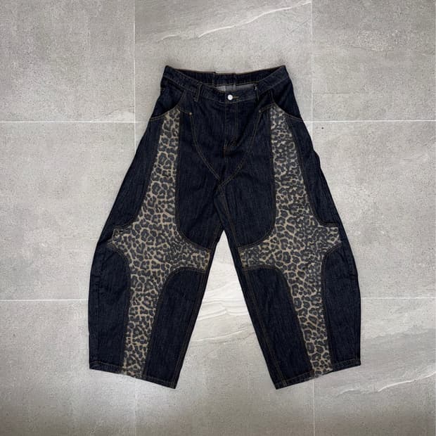 Denim cross leopard balloon baggy pants