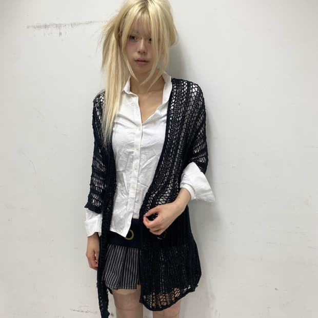 Y2K Grunge Black Mesh Knit Cardigan