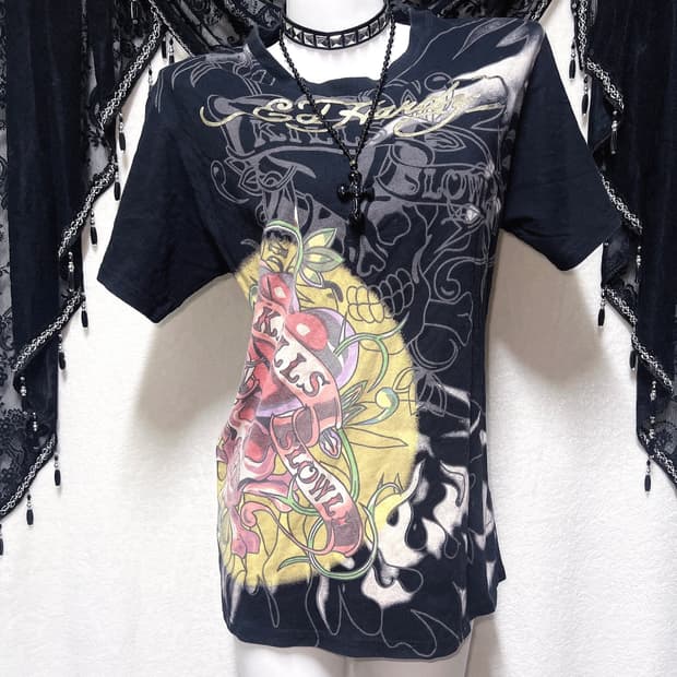 에드하디 해골 스컬 프린팅 올드스쿨 반팔티 고스 펑크 y2k 디그딥 핀터