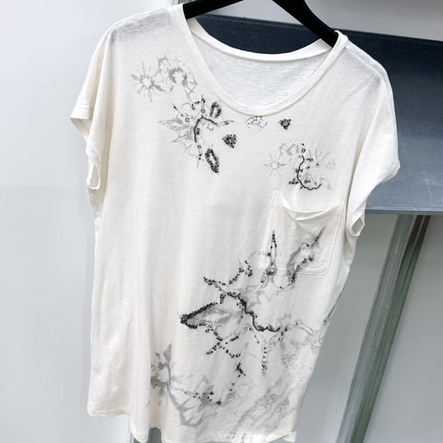grunge printed beads pocket long t shirt
