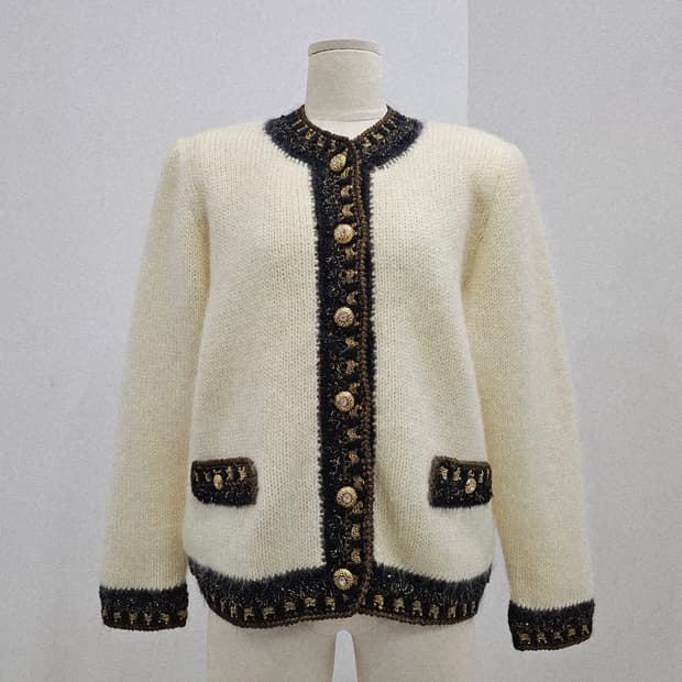 아이보리 트위드 배색 골드버튼 울 가디건 자켓