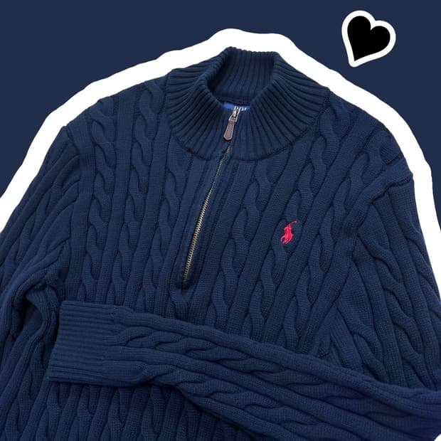 신형 폴로 랄프로렌 네이비 꽈배기 반집업 면니트