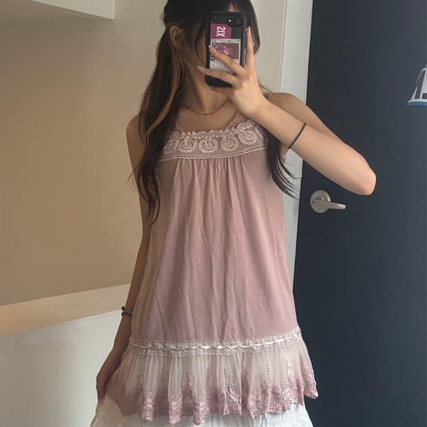 M)Axes Femme 빈티지 여성 자수 레이스 디테일 나시 원피스