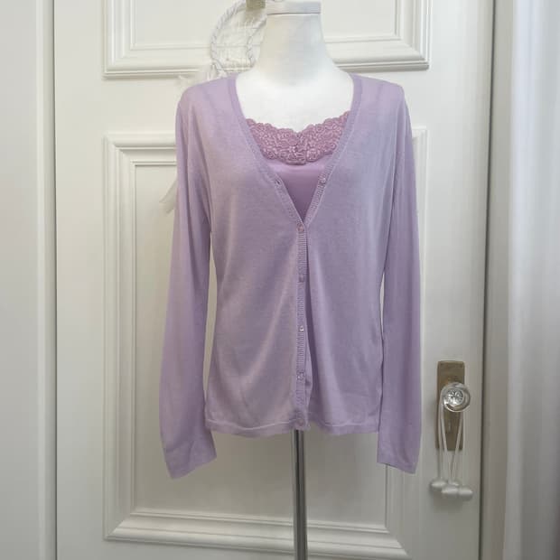 lavender basic cardigan&lace satin sleev
