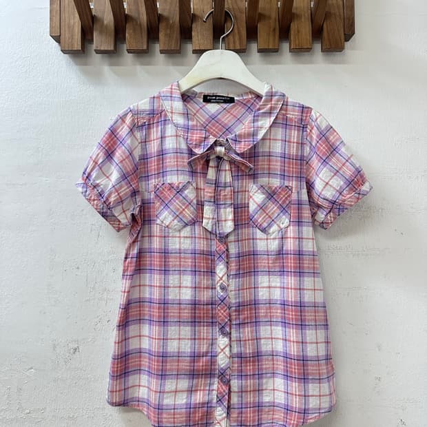 일본빈티지 pom ponette 파스텔 체크 리본타이 둥근카라 블라우스