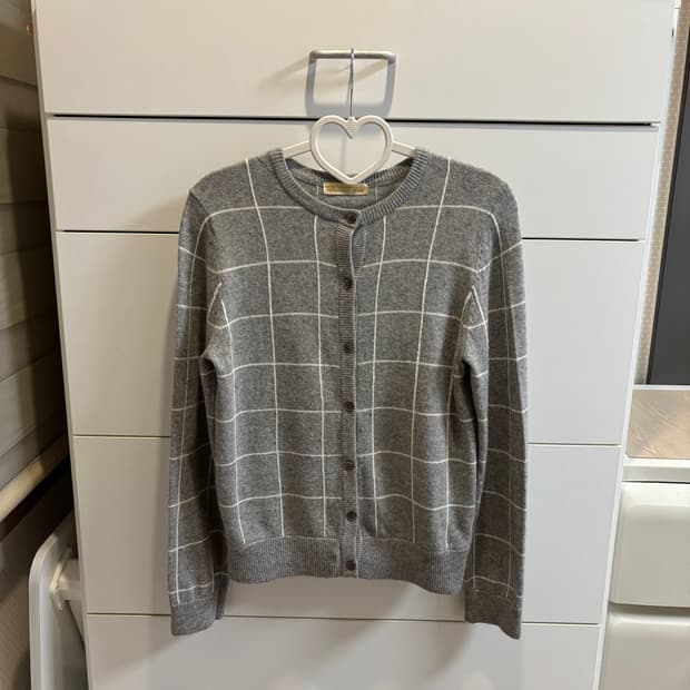 일본 빔즈하트 BEAMS 회색 체크 울혼방 가디건