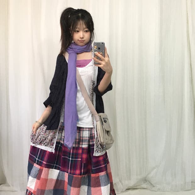 빈티지 퍼플 체크 패치 모리 임수정깔 코디세트