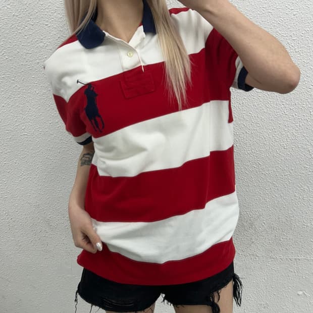 폴로 랄프로렌 빅포니 레드 단가라 성조기 화이트 pk 반팔 M